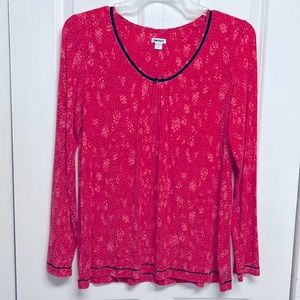 DKNY Dark Pink Black Trim Floral Print Rayon Ling Sleeves Pajama Top Size M